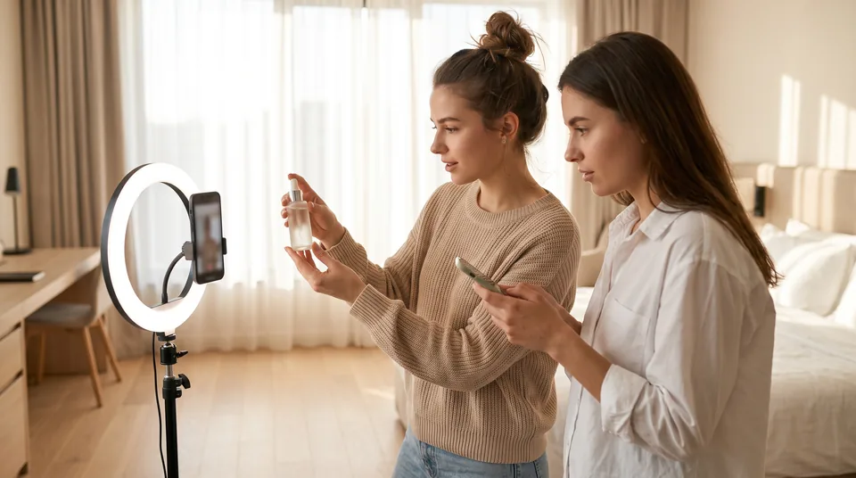 Dwie twórczynie nagrywają pionowe wideo w jasnym apartamencie, telefon na statywie z ringlampą