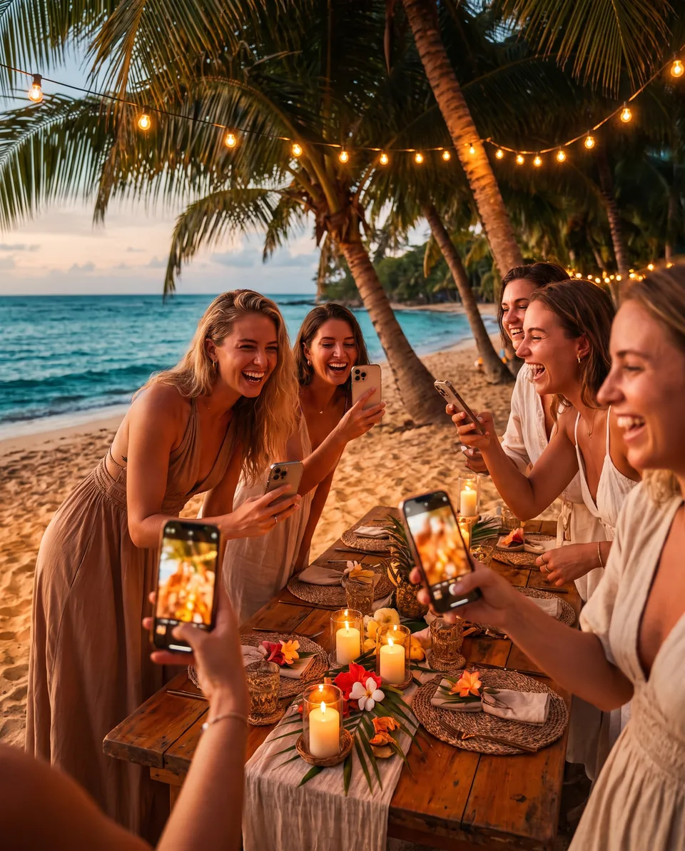 Kolacja na plaży o zmierzchu, twórczynie fotografują stół