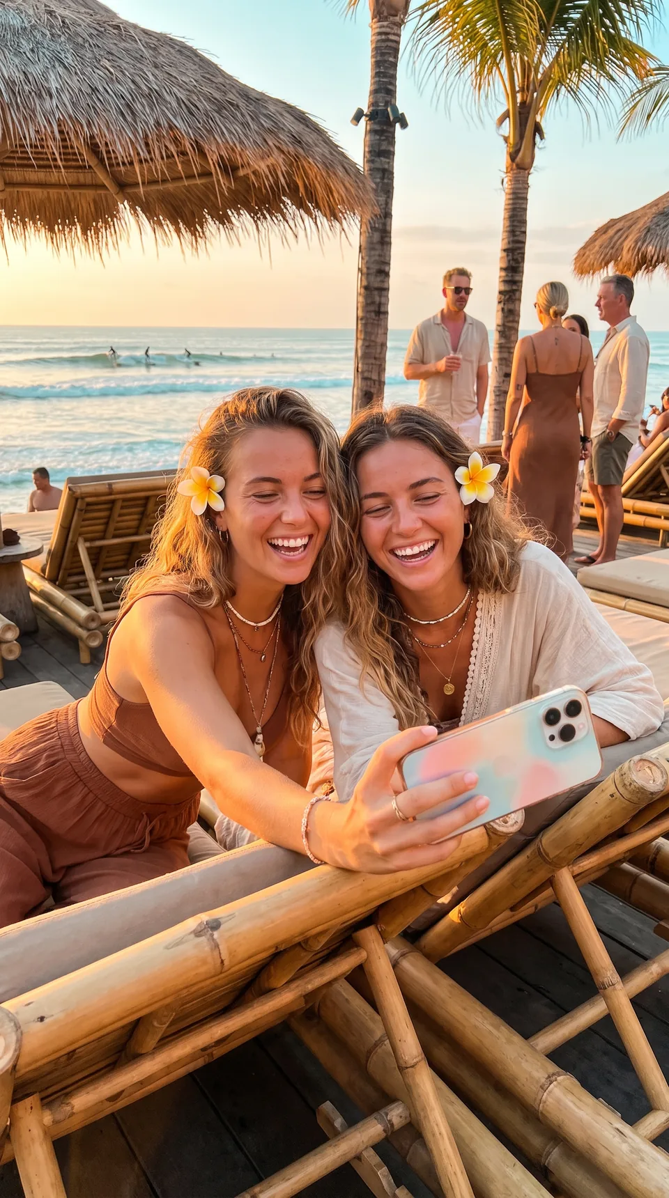 Dwie przyjaciółki robią selfie o zachodzie słońca na Bali