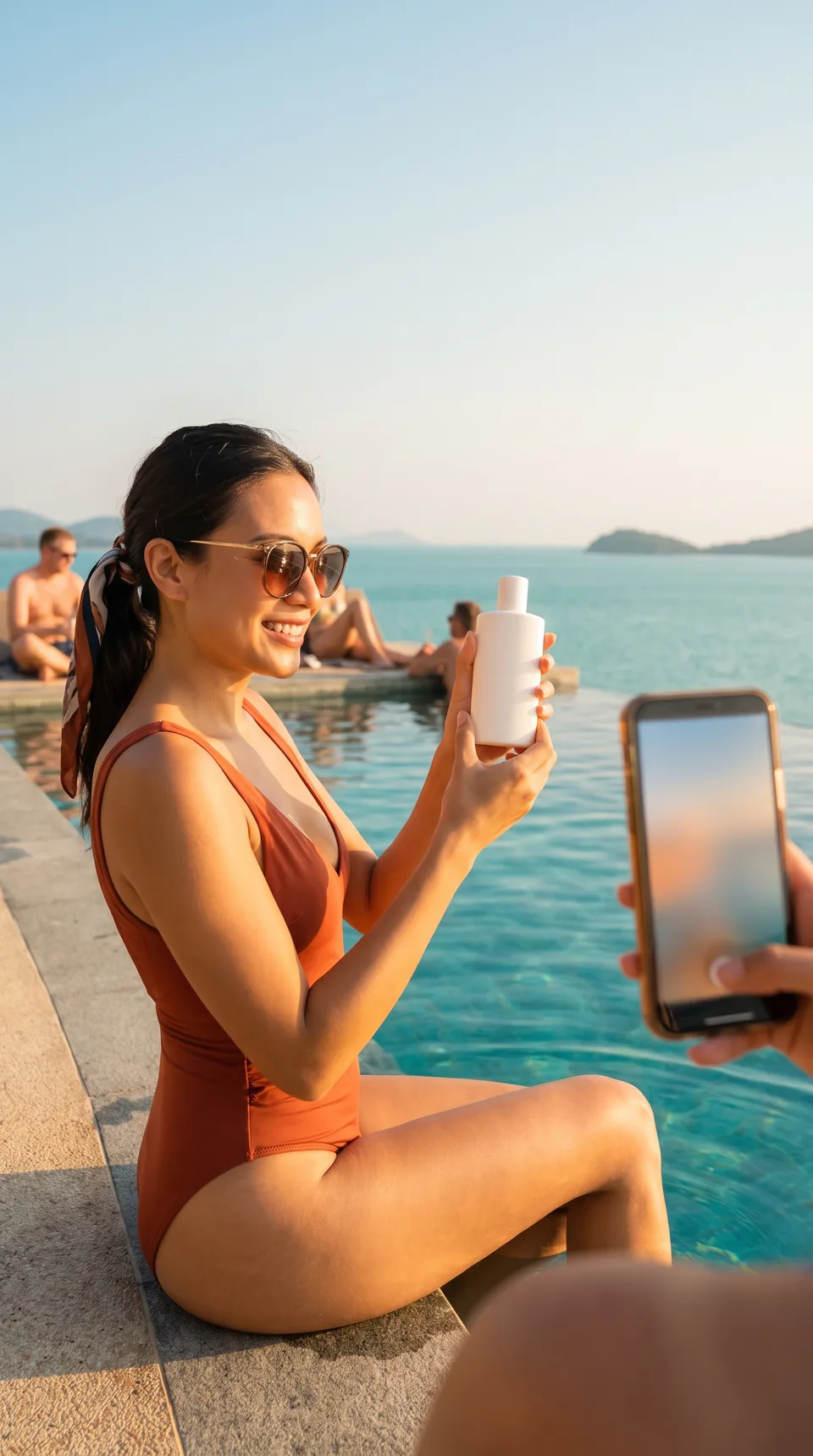 Kobieta przy basenie infinity w hotelu pokazuje produkt do telefonu