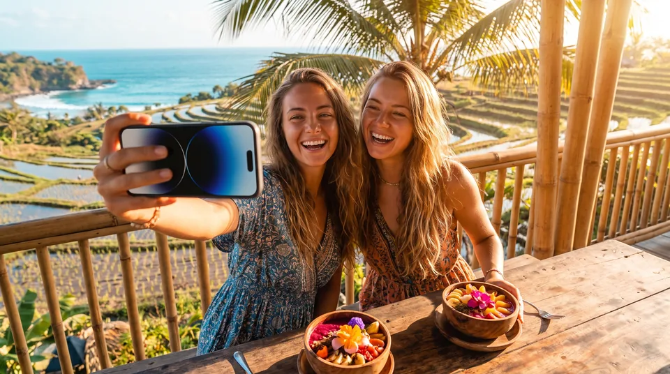 Przyjaciółki robią selfie w kawiarni na Bali