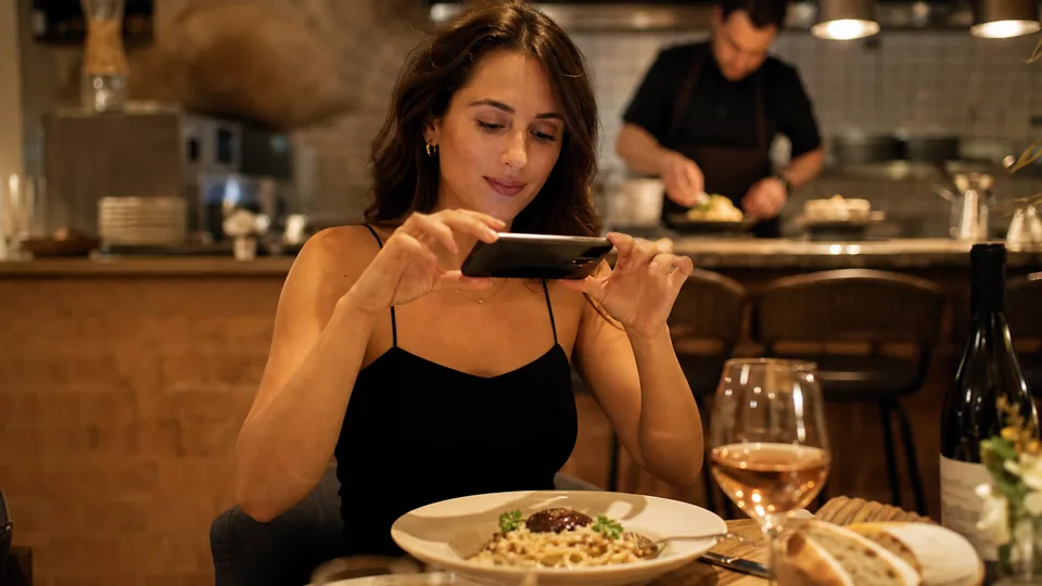 Twórczyni nagrywa telefonem talerz z makaronem przy stoliku w bistro, w tle szef kuchni przy otwartej kuchni