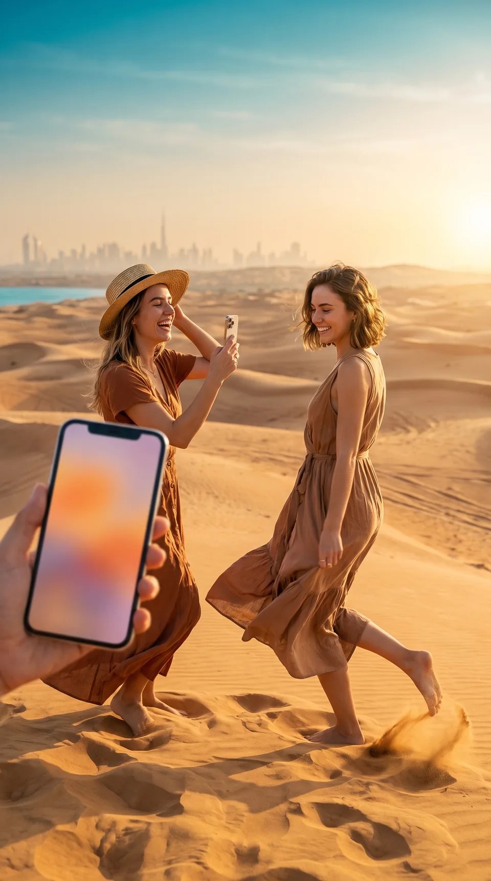 Sesja telefonem na wydmach pod Dubajem o zachodzie słońca